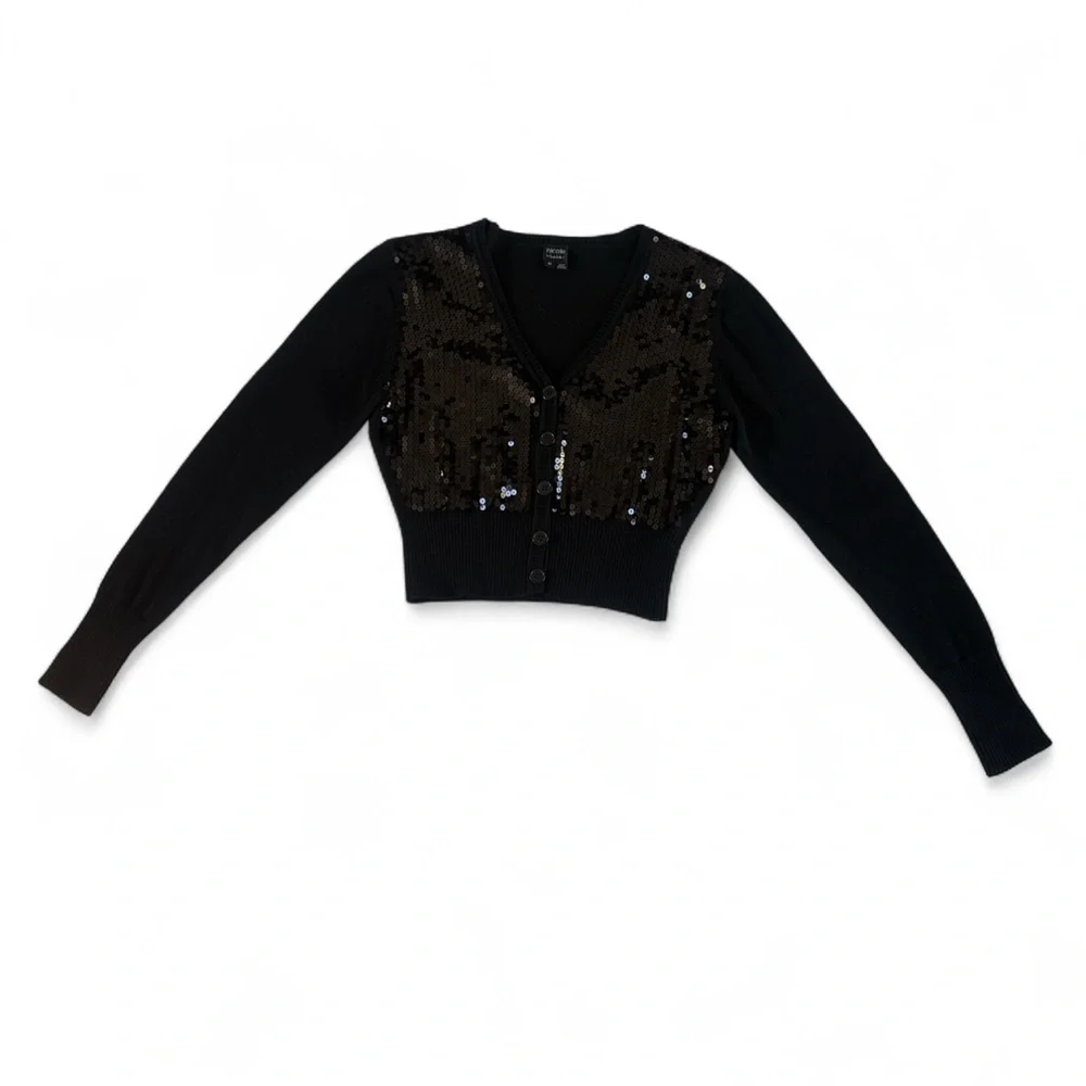 Black Sequin Cropped v neck long sleeve cardigan women’s medium by Nicole Miller - Picture 7 of 7